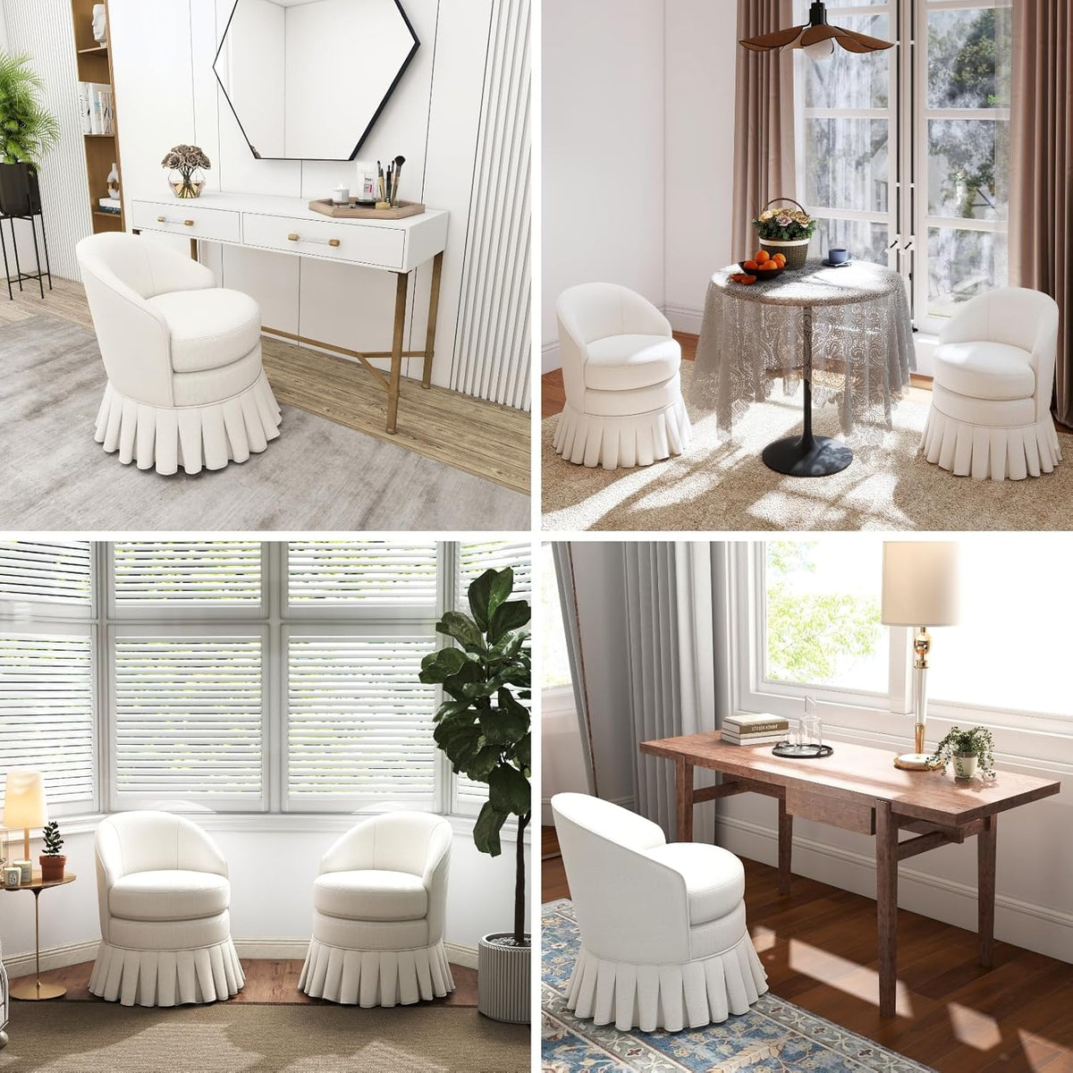 chairus Upholstered Dining Chairs Set of 2, Linen Barrel Dining Room Chairs with Pleated Skirt & Metal Legs, Modern Farmhouse Slipcovered Side Kitchen Chairs, Cream White