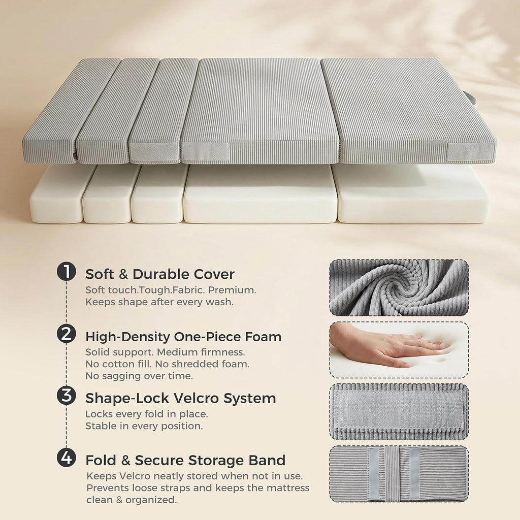 Tri-Fold Futon Mattress, Foldable Japanese Floor Sleep Mattress, High-Density Foam Tatami Bed Mat with Corduroy Cover, Floor Bed Mat for Couples, Guest Use (Charcoal Gray,Queen)