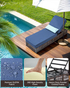 Luxury Outdoor Chaise Lounge with 5 Inch Thickened Cushions - 1 Set High Back Brown Wicker Patio Recliners Rattan Reclining Chairs Porch Poolside Pool Sunbathing Lounger - Navy Blue