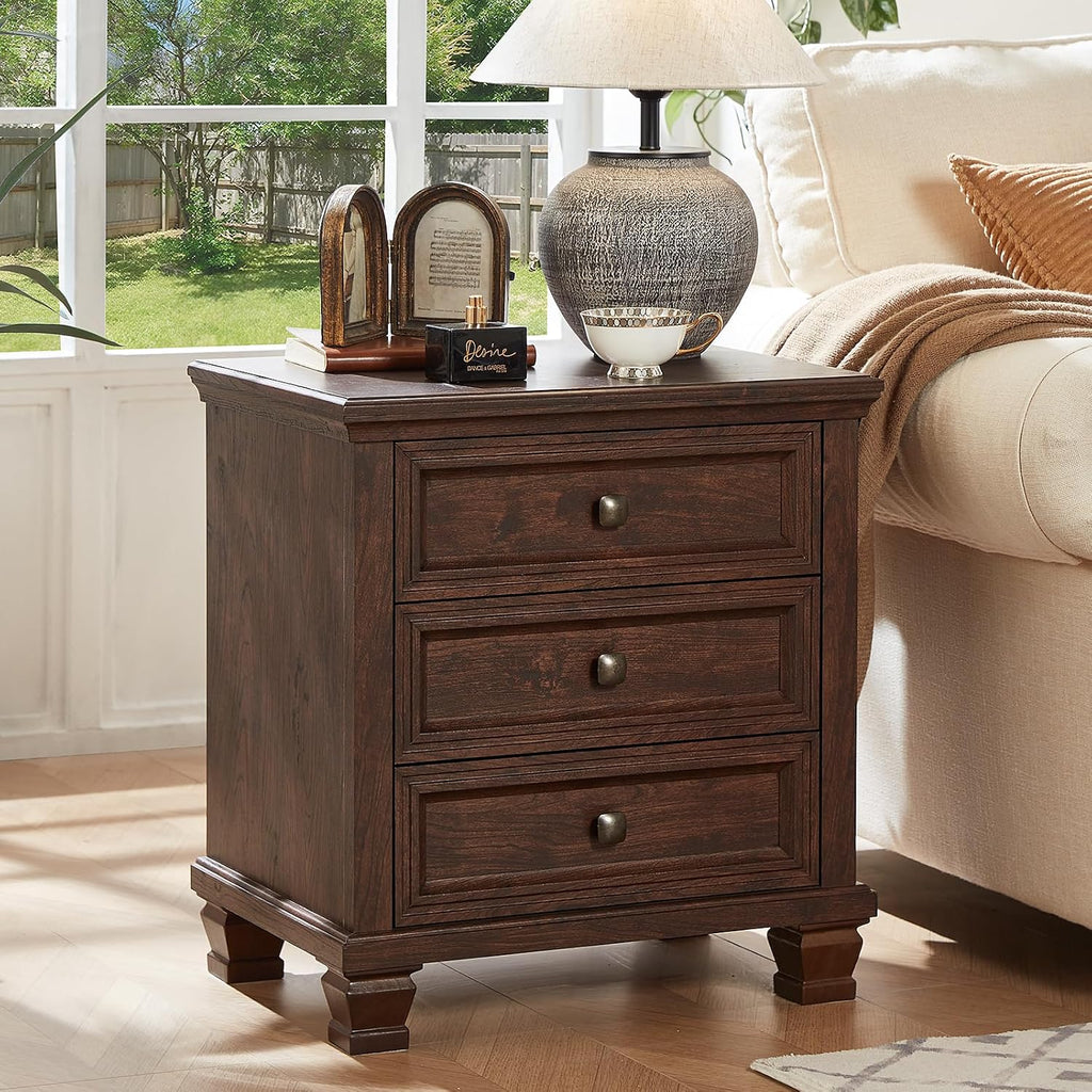SAVOR LIFE 3-Drawer Nightstand Set of 2 with Solid Wood Legs,Walnut | Pair of three-drawer bedside tables with sturdy square wood legs for matching bedroom storage or living-room end tables