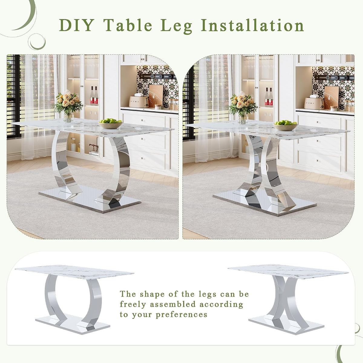 Modern Dining Table Set for 6, 63 Inch White Faux Marble Dining Room Table with Silver Leg, Rectangular Kitchen Table with 6 Grey Chairs for Kitchen Apartment Restaurant