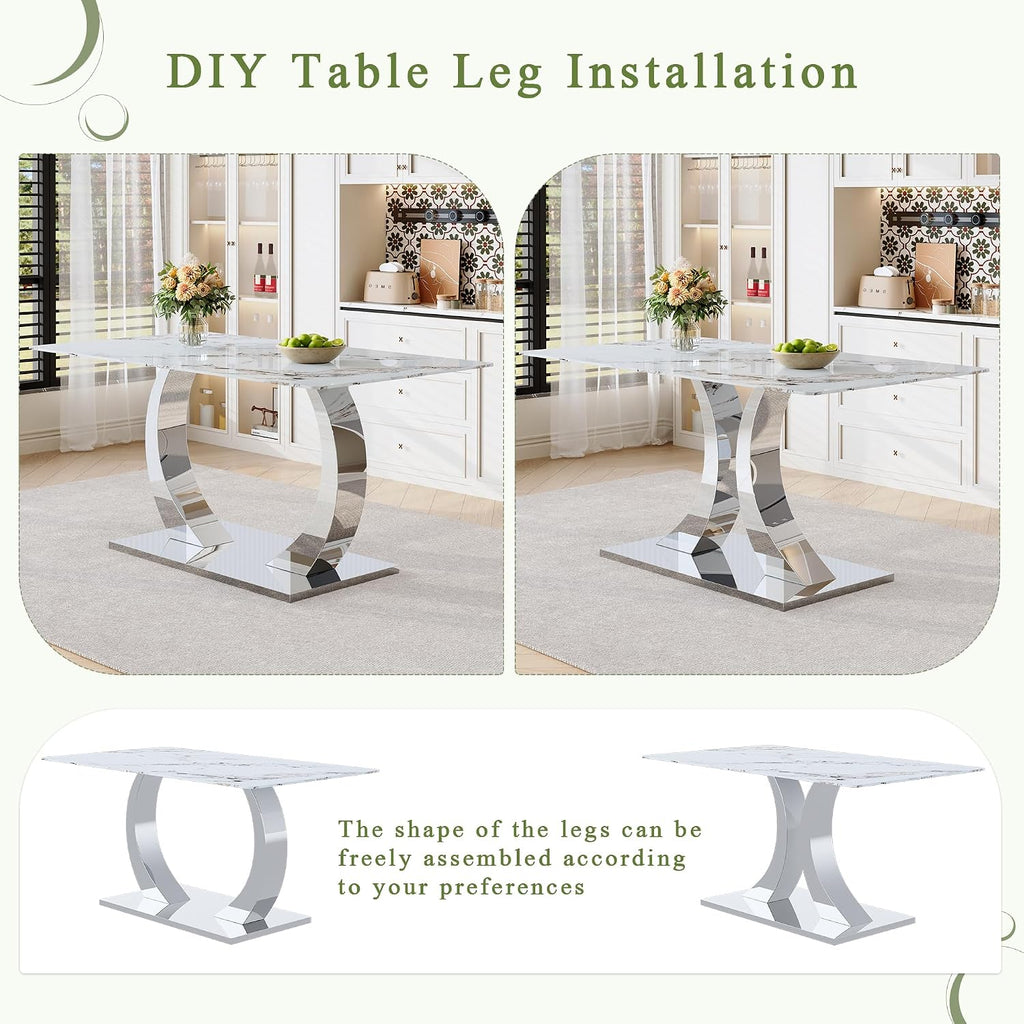 Modern Dining Table Set for 6,63'' Dining Room Table Set for 6 with Chairs,Rectangular Kitchen Table with Faux Marble Tabletop and DIY Chrome Legs,Glass Dining Table Set Ideal for Dining Room