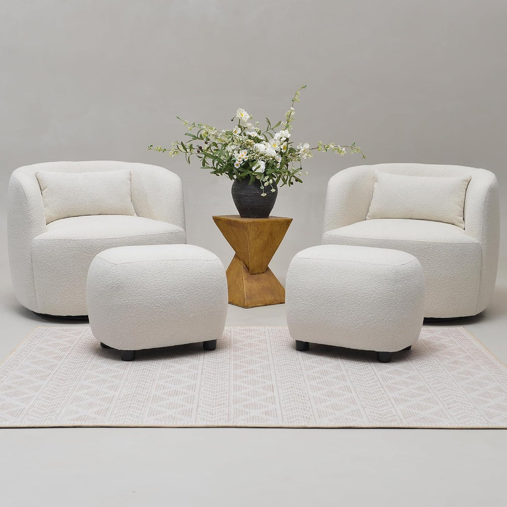 KINWELL Round Boucle Upholstered Ottoman Chair Padded Seat Footstool, Beige | Easy Assembled Modern Soft Sofa Couch Loveseat Chair Footrest, Extra Seating for Bedroom Entryway, 18.5" D x 23" W x 16.5" H