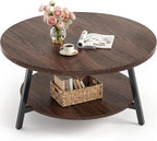 Armocity 35.4" Round Wood Coffee Table with 2-Tier Storage, 1" Thick Top