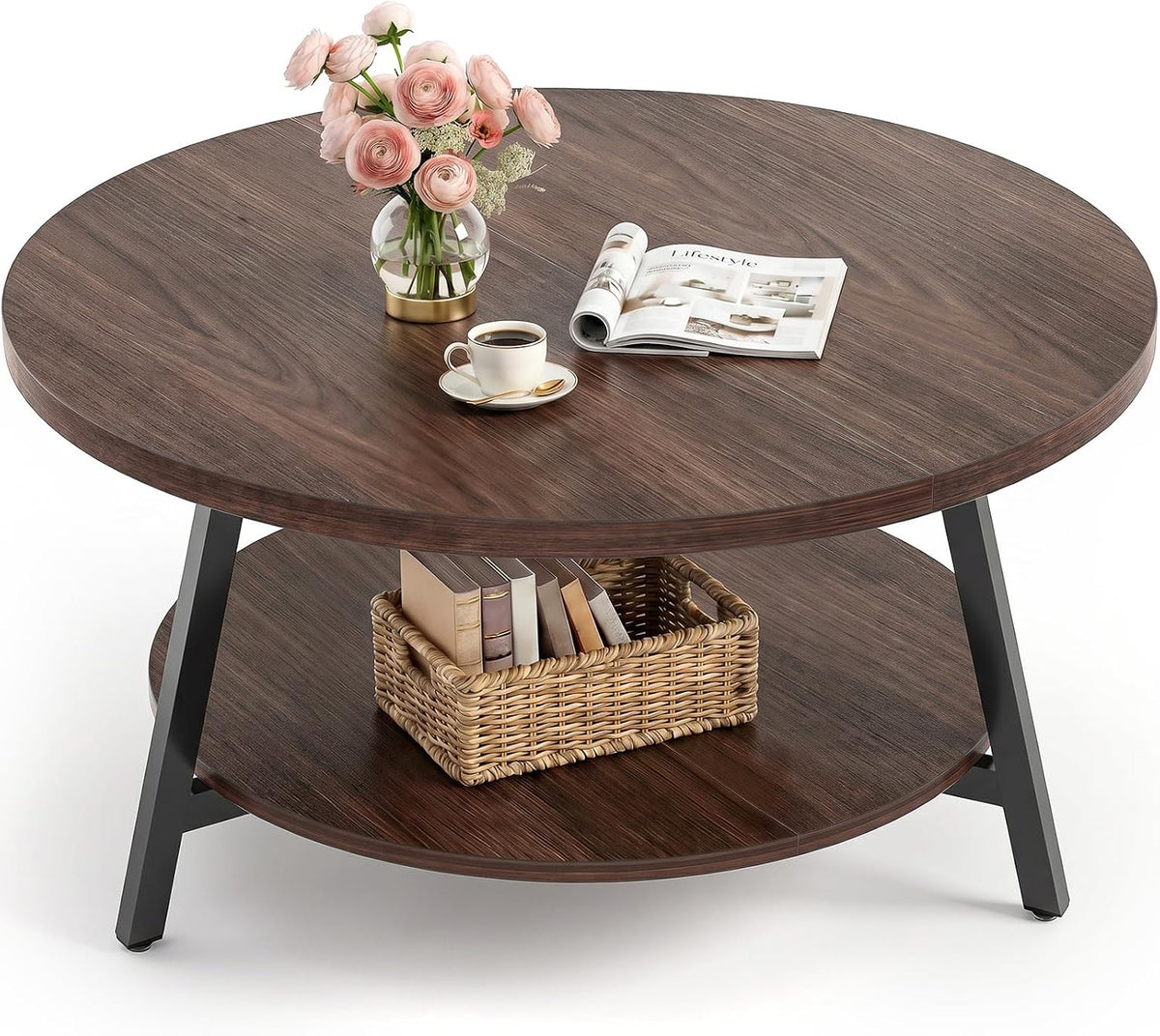 Armocity 35.4" Round Wood Coffee Table with 2-Tier Storage, 1" Thick Top