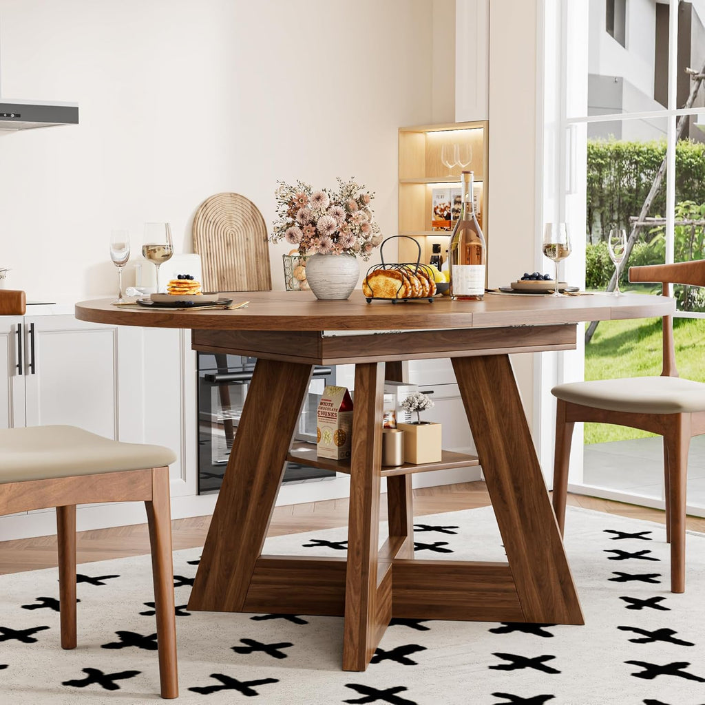 43.3in-59in Extendable Dining Table for 4-6, Round Kitchen Dining Room Table with Removable Leaves Space Saving, Space Saving, Wooden Cross Base with Storage Shelf for Kitchen Living Room (Walnut)