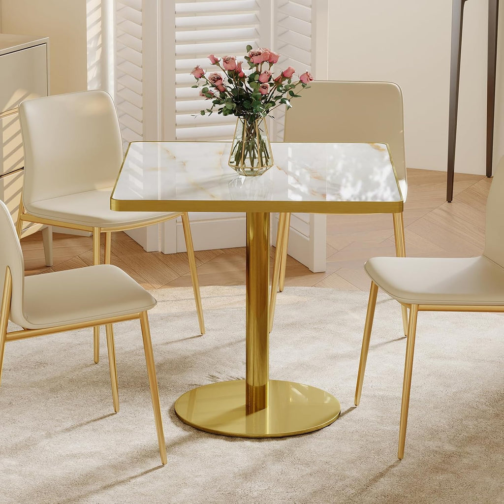 31.5'' Square Modern Dinning Table with Sintered Stone Tabletop, Golden Edge & Pedestal Base, Bistro Tulip Table for 2-4 Person for Dining Room/Cafe/Small Spaces/Restaurant (Crystal Onyx)