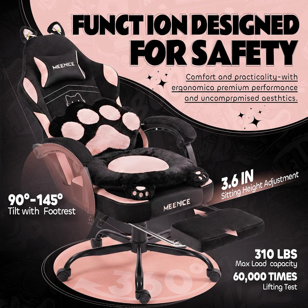 Pink Gaming Chair Cute with Cat Ears Paw Lumbar and Cushion,Ergonomic Computer Chair with Footrest,Reclining PC Game Chair for Girl Computer Chair 300lbs for Adult