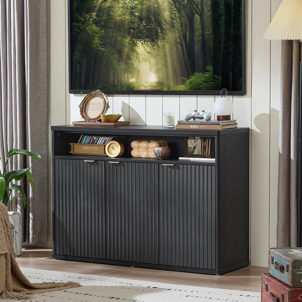 LEYAOYAO Fluted Buffet Cabinet with Storage, 45" Wide Wood Sideboard Credenza with 3 Doors & Open Storage Shelf, Modern Kitchen Console Accent Cabinets, Coffee Bar Table for Dining Room, Black Oak