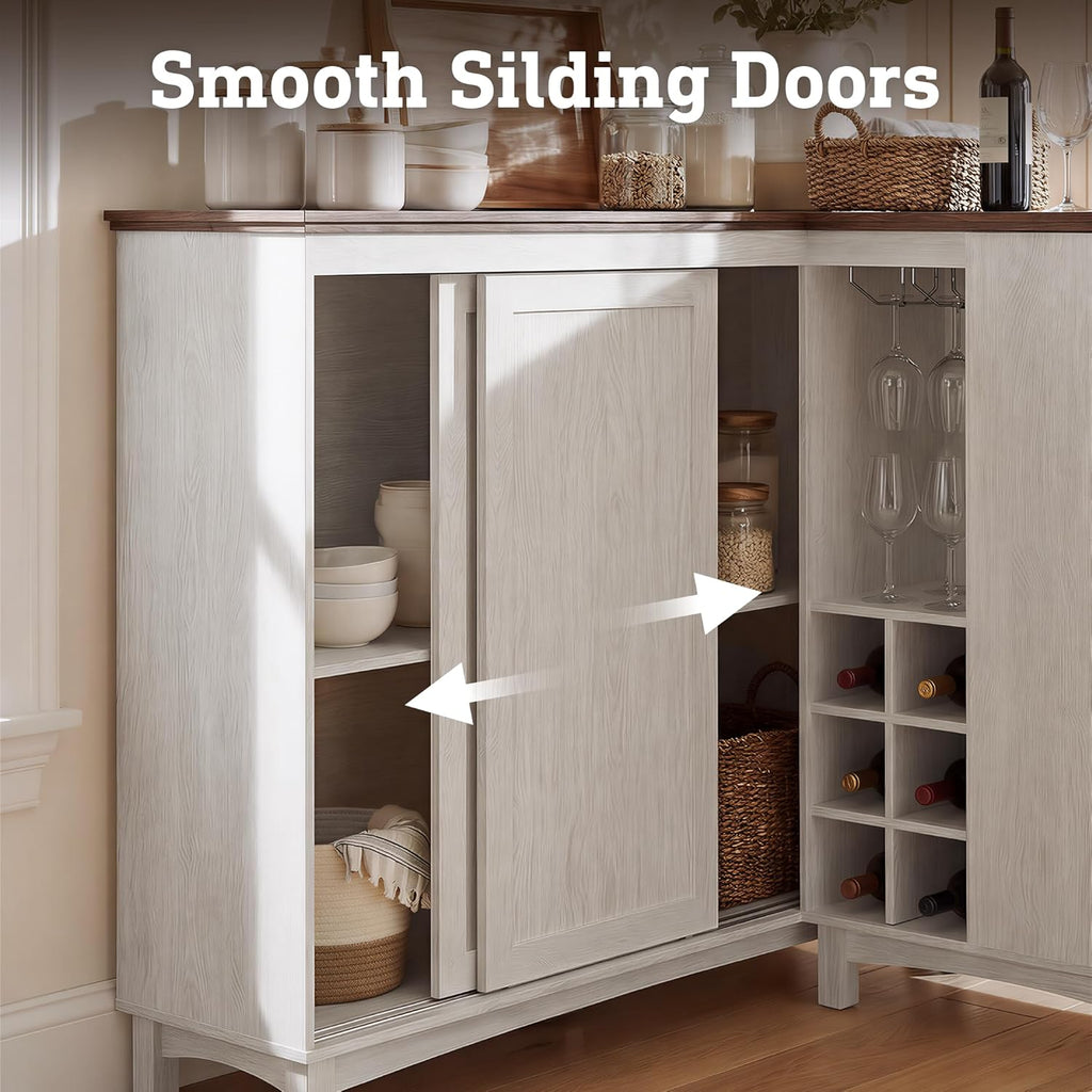 Corner Cabinet with Charging Station,L-Shaped Kitchen Pantry Storage Cabinet with 3 Drawers,Freestanding Kitchen Pantry Cabinets with Wine Rack,Glass Rack,Sliding Door for Dining Room (White)