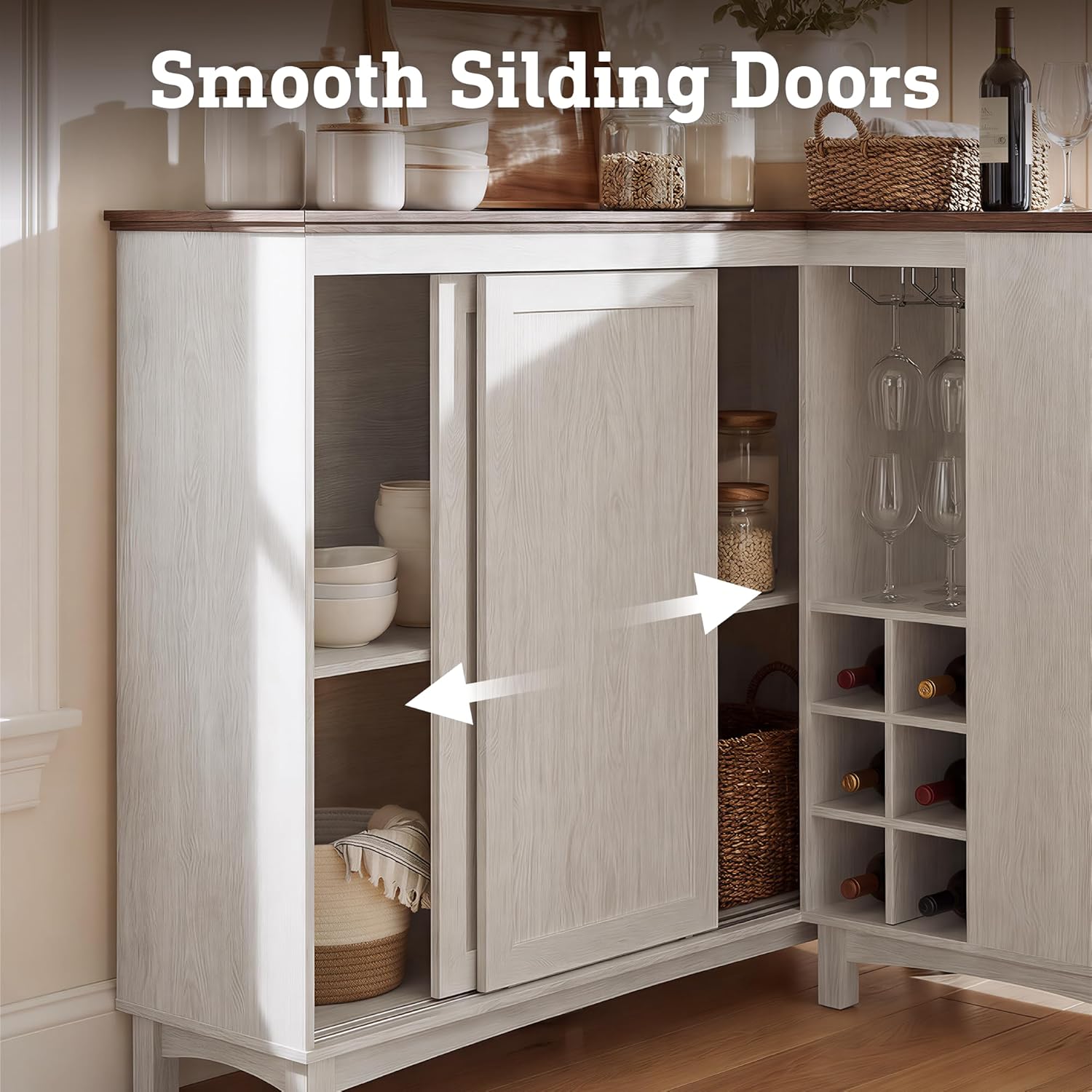 Corner Cabinet with Charging Station,L-Shaped Kitchen Pantry Storage Cabinet with 3 Drawers,Freestanding Kitchen Pantry Cabinets with Wine Rack,Glass Rack,Sliding Door for Dining Room (White)
