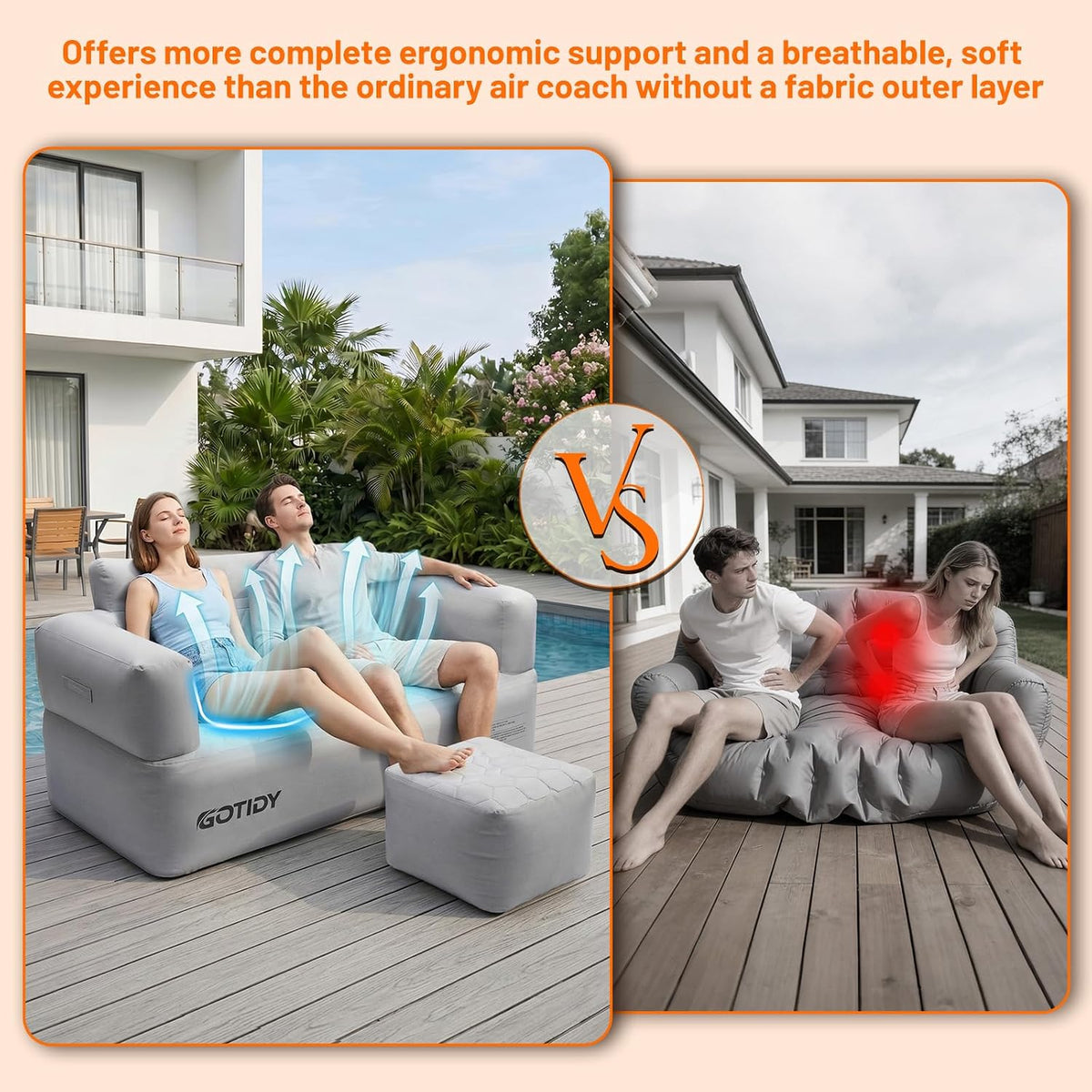 Inflatable Couch Loveseat with Footstool, Camping Couch with Detachable Built-in Pump, Inflatable Sofa with Breathable, Puncture-Resistant Fabric Texture Cover, Camping, Beach, Backyard Party