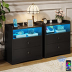 Memobarco 2 Pack Nightstand with Charging Station and LED Light, Black | Modern Nightstand, USB Ports, Outlets, Wooden Bedside Table, 2 Storage Drawers, Small Dresser, Bedroom, Small Space