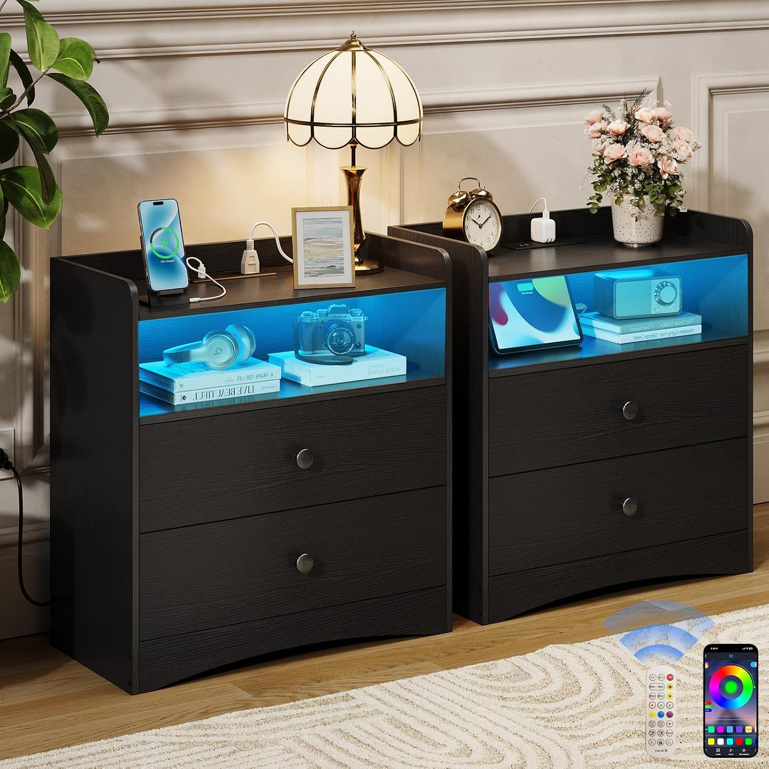 Memobarco 2 Pack Nightstand with Charging Station and LED Light, Black | Modern Nightstand, USB Ports, Outlets, Wooden Bedside Table, 2 Storage Drawers, Small Dresser, Bedroom, Small Space