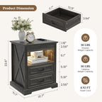Nightstand Set 2 with Gun Drawer, Farmhouse Night Stand with LED Lights and Human Sensor, Bedside Table with Open Shelf, End Table with Storage Drawers for Bedroom, Rustic Borwn