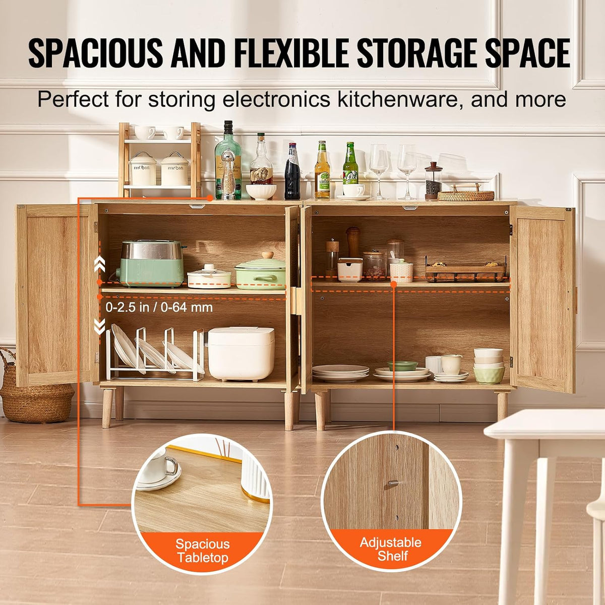 VEVOR Rattan Buffet Cabinet with Storage, 4 Magnetic Doors and Adjustable Shelves, Sideboard for Hallway, Living Room, Kitchen, Natural