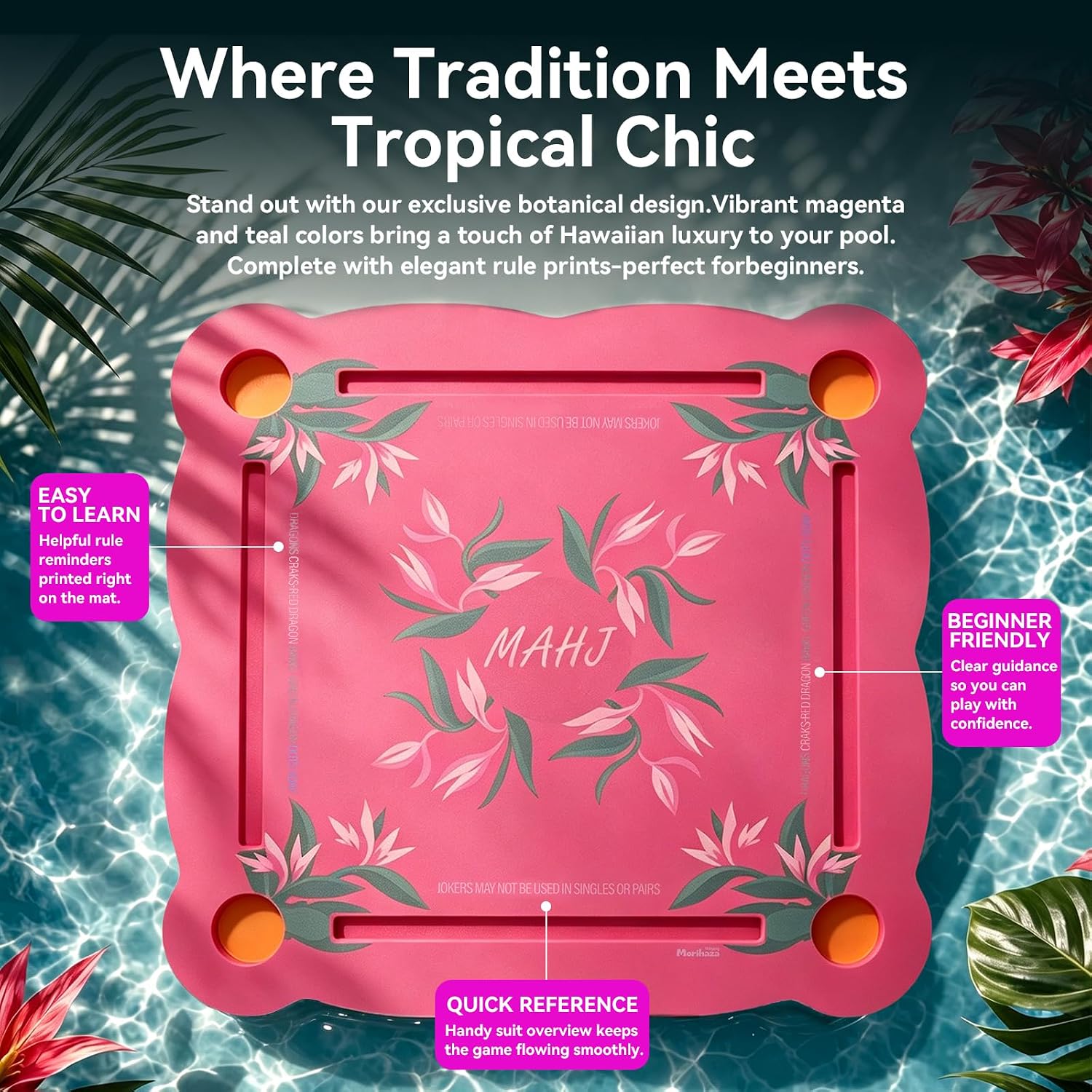 Luxury Floating Mahjong Table for Pool,31.5" EVA Foam Pool Float Board Game Tray with Cup Holders & Tile Slots, American Mahjong Summer Party Supplies (Orchid Bloom Series)(Rose Pink)