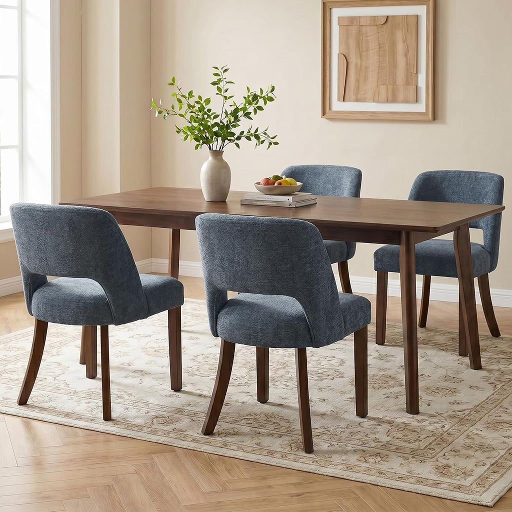 Usaint Upholstered Dining Chairs Set of 4, Modern Fabric Kitchen Chairs | Upholstered Dining Room Chair with Curved Backrest and Rubberwood Frame for Kitchen and Restaurant, Blue