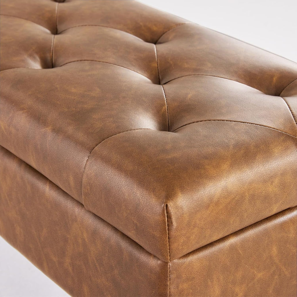 Storage Ottoman Long Upholstered Entryway Bench, 40" Cognac Brown | Large Flip-Top Entry Shoe Bench Dining Seat for Living Room Bedroom End of Bed Couch, Support 660lbs, Faux Leather