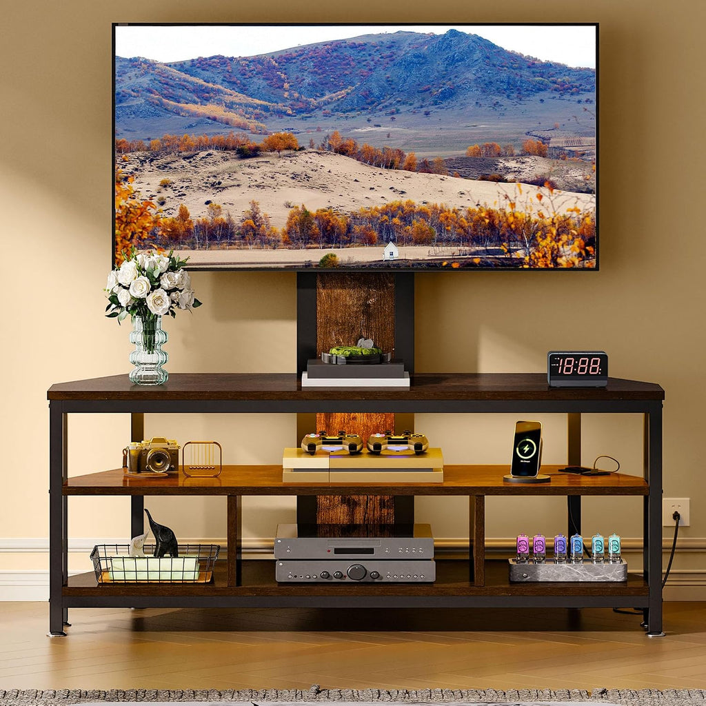 DWVO Corner TV Stand with Mount & LED, Height Adjustable, Rustic Brown | Entertainment Center With Height Adjustable Mount, Led Lights, Power Outlet, Corner Design, Fits 60-70 Inch Tvs, Rustic Style
