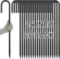 AAGUT 24Inch Rebar Stakes 20Pcs Heavy Duty 1/2 Inch J Hook Fence Anchors Curved Steel Garden Stake Yard Spikes with Sharp End for Camping Tent,Black Powder Coated