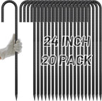 AAGUT 24Inch Rebar Stakes 20Pcs Heavy Duty 1/2 Inch J Hook Fence Anchors Curved Steel Garden Stake Yard Spikes with Sharp End for Camping Tent,Black Powder Coated