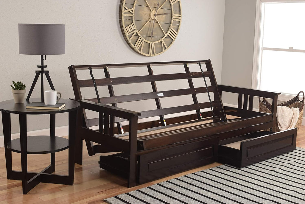Kodiak Furniture Monterey Queen-size Futon, Storage Drawers, Espresso Finish with Oregon Trail Java Mattress