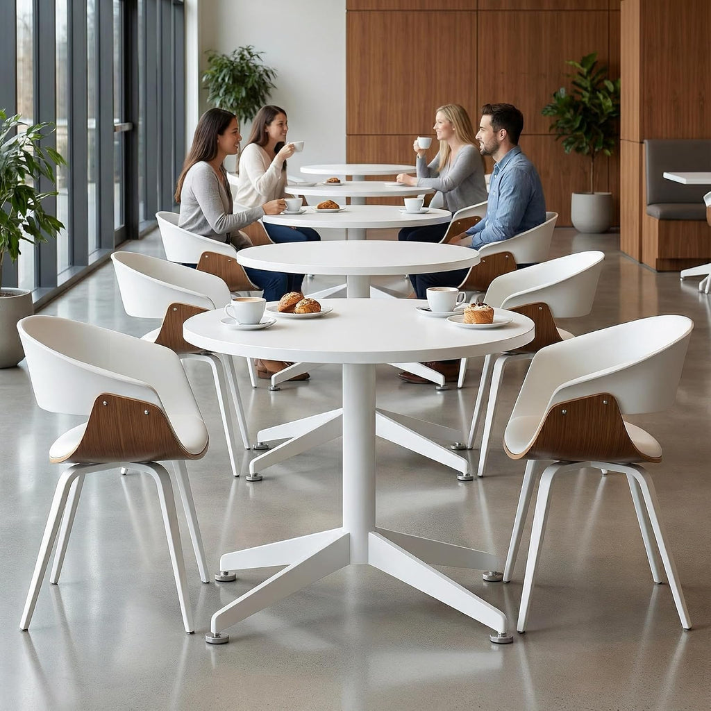 Small Round Pedestal Dining Table for 2-23.6" Modern White Kitchen Table with Sturdy Metal Cross-Leg Base, 1-Inch Thick Waterproof MFC Top, Space-Saving Bistro Table for Apartment, Studio, Breakroom