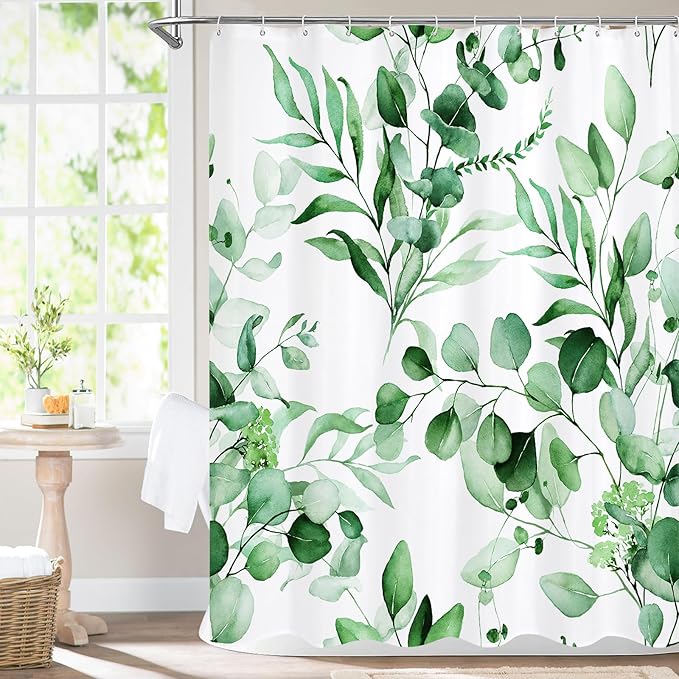 MitoVilla Green Spring Floral Shower Curtain, Modern Plants Botanical Fabric Cloth Shower Curtains for Chic Elegant Bathroom Decor, Summer Emerald Green Eucalyptus Leaf, 72x72