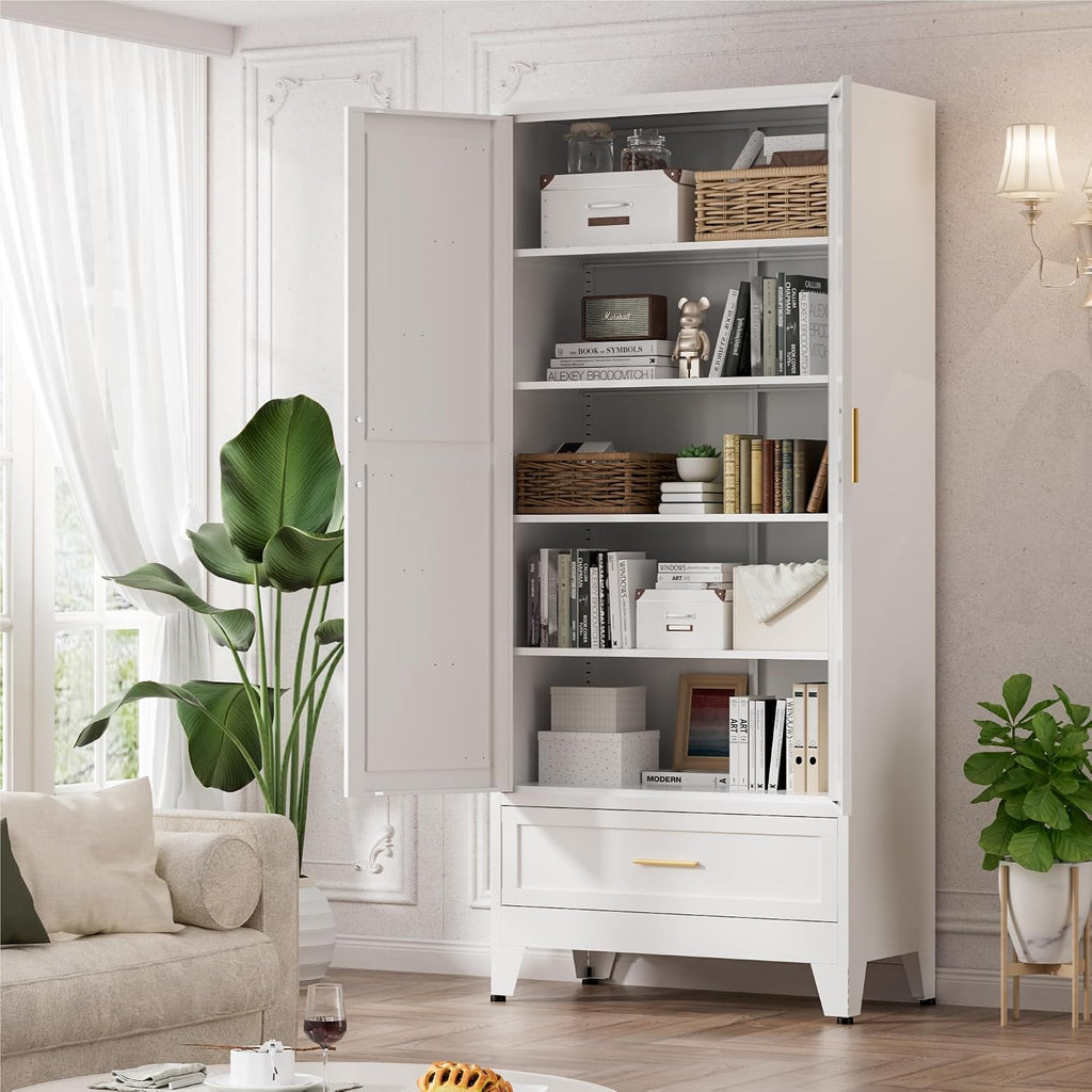 LCAOPC 71" Tall Metal Pantry Storage Cabinet with Drawer and Adjustable Shelves, Freestanding Kitchen Cupboard Storage Cabinet for Kitchen,Dining Room, Living Room, White