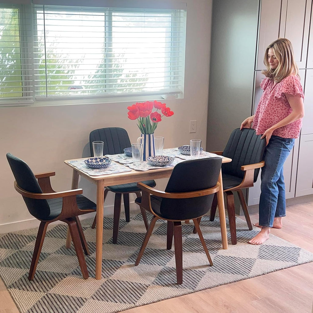 Mid Century Modern Dining Chairs, Swivel Dining Chairs with Arms Walnut | Natural Bentwood Frame, Faux Leather Upholstered Seat , Wooden Arms and Legs, Leather Swivel Chairs for Kitchen, Dining Room