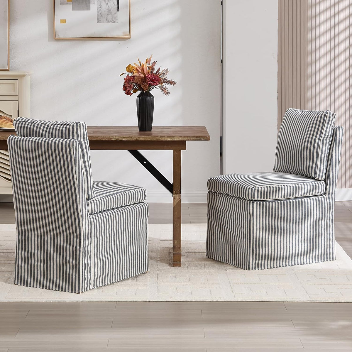Slipcovered Dining Chairs Set of 2, Farmhouse Upholstered Dining Chair with Solid Wood Legs, Soft Padded Armless Side Chair for Dining/Living/Reading Room, Banquet, Blue Stripe
