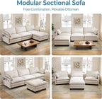 102'' L-Shaped Cloud Couch Sectional Sofa for Living Room, Beige | USB Charging Ports, Foldable Side Table, Movable Ottoman, Comfy Chenille Deep Seat