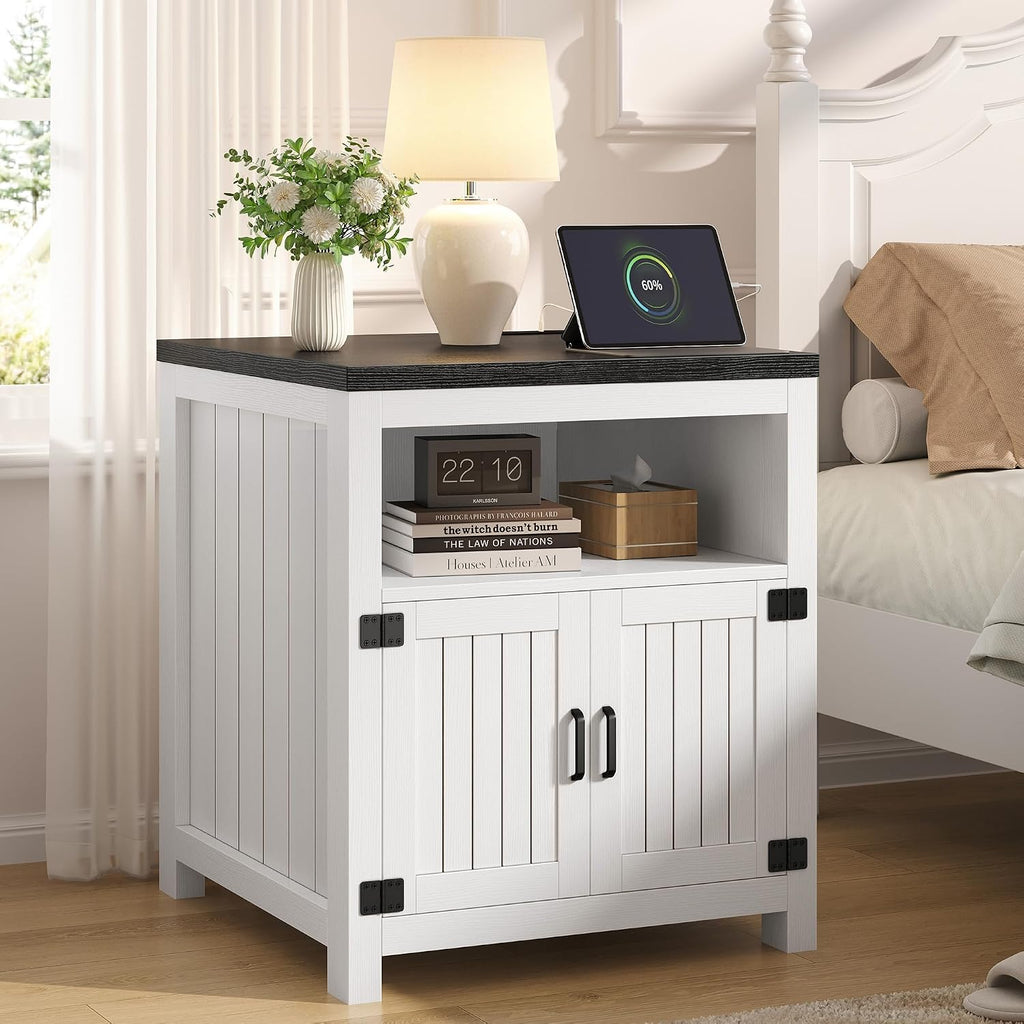 Farmhouse End Table with Charging Station, 24" Large Side Table with Open Shelf and Barn Door Storage, Wood Square Bedside Table Nightstand for Living Room, Bedroom (1, White)