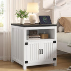 Farmhouse End Table with Charging Station, 24" Large Side Table with Open Shelf and Barn Door Storage, Wood Square Bedside Table Nightstand for Living Room, Bedroom (1, White)