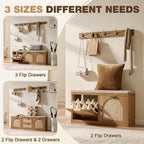 Rattan Narrow Entryway Bench with Shoe Storage, 2 Flip Drawers & Coat Rack, Mid-Century Modern Wood Shoe Cabinet with Seat Cushion for Foyer/Hallway (Rustic Oak Rattan)