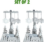 Winter Cabin Holiday Silver Candle Spinners Set of 2 – Silver Plated Laser Cut Christmas Cabin Scene Tea Light Candle Holders with Snowflake Charms – 5" Holiday Tabletop Décor