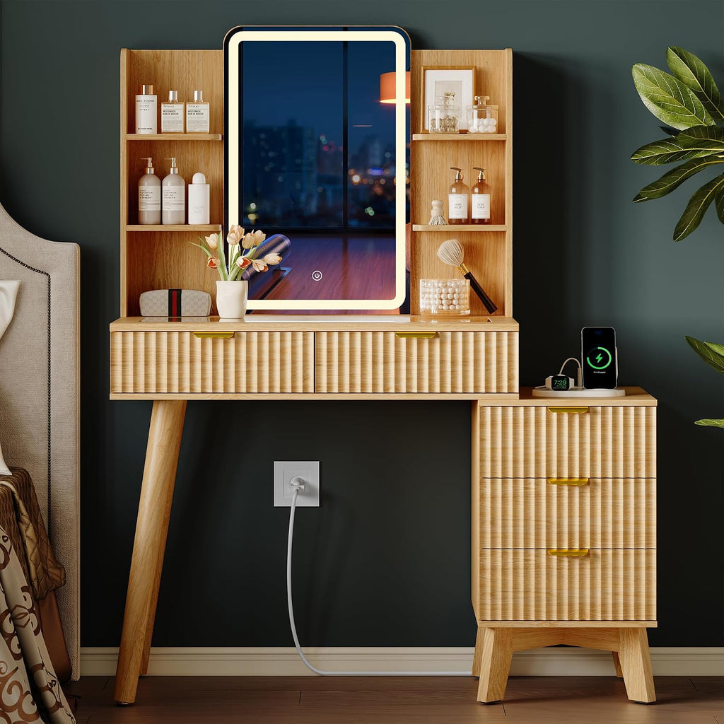 Vanity Desk With HD Lighted Mirror and Lights, Fluted Small Makeup Vanity with Storage Drawers & Shelves, Modern Dressing Table Set with Power Outlet & Glass Table Top for Women Girls Bedroom, Oak