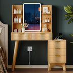 Vanity Desk With HD Lighted Mirror and Lights, Fluted Small Makeup Vanity with Storage Drawers & Shelves, Modern Dressing Table Set with Power Outlet & Glass Table Top for Women Girls Bedroom, Oak