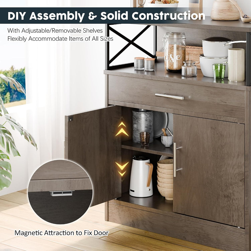 SUNLEI Kitchen Buffet Sideboard Cabinet, Storage Cabinets with 2 Doors and 1 Drawers, Open Storage & Adjustable Shelf, Farmhouse Coffee Bar Cabinet with Storages for Kitchen, Rustic Grey