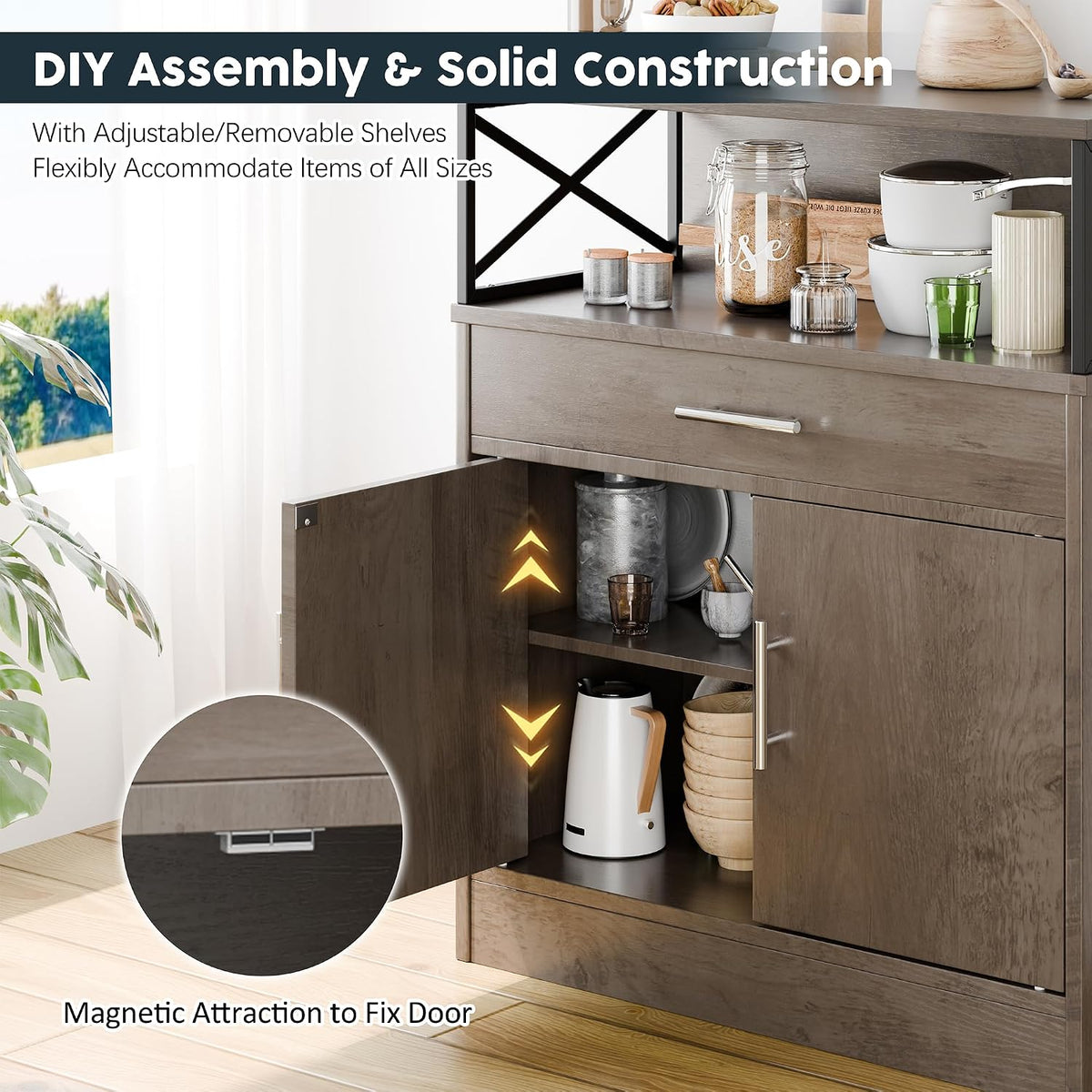 SUNLEI Kitchen Buffet Sideboard Cabinet, Storage Cabinets with 2 Doors and 1 Drawers, Open Storage & Adjustable Shelf, Farmhouse Coffee Bar Cabinet with Storages for Kitchen, Rustic Grey