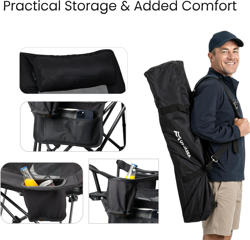 Portable Reclining Camping/Lounge Chair for Outdoor (1, Black) | Soft Cushion, 4-Position Backrest, Removable Footrest, Cup Holder & Versatile Carry Bag