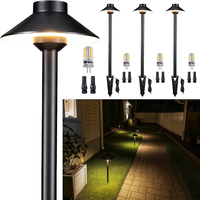 Solid Cast Brass Pathway Lights, Low Voltage Landscape Path Light Wired, LED Walkway Light Waterproof, Hat Shaped 12V Wired Black for Entrance Garden with 5000K Daylight G4 Bulb (4 Pack)