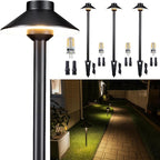 Solid Cast Brass Pathway Lights, Low Voltage Landscape Path Light Wired, LED Walkway Light Waterproof, Hat Shaped 12V Wired Black for Entrance Garden with 5000K Daylight G4 Bulb (4 Pack)
