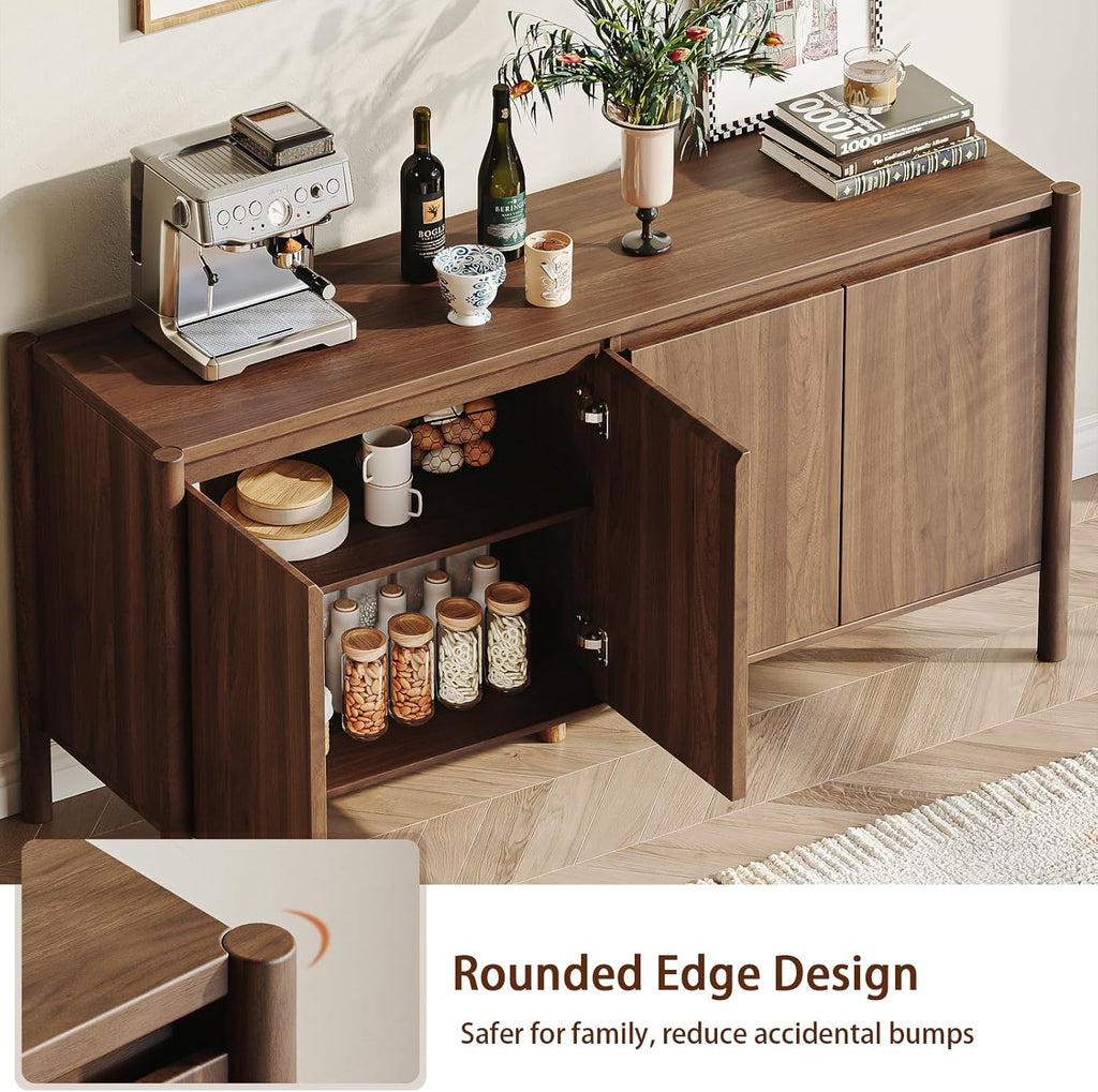 59" Wide Walnut Buffet Cabinet Storage,4 Doors and Adjustable Shelves,Solid Wood Round Legs,Wood Mid Century Sideboard for Kitchen,Living Room,Coffee Bar.
