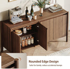 59" Wide Walnut Buffet Cabinet Storage,4 Doors and Adjustable Shelves,Solid Wood Round Legs,Wood Mid Century Sideboard for Kitchen,Living Room,Coffee Bar.