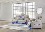 Signature Design by Ashley 3-Seat Power Reclining Sofa, Heat, Massage, Gray | Combination of leather and faux leather, Air massage, Heated seats, Drop-down table, Zero gravity, Boyington