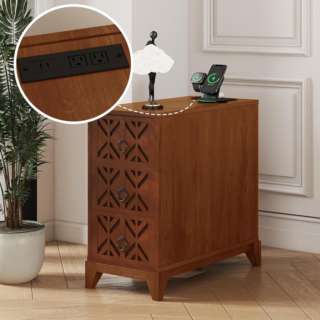 KEIKI End Table with 3 Drawers, Corner Table with 4 Open Shelves, Tall Side Table for Living Room, Bedroom and Corner