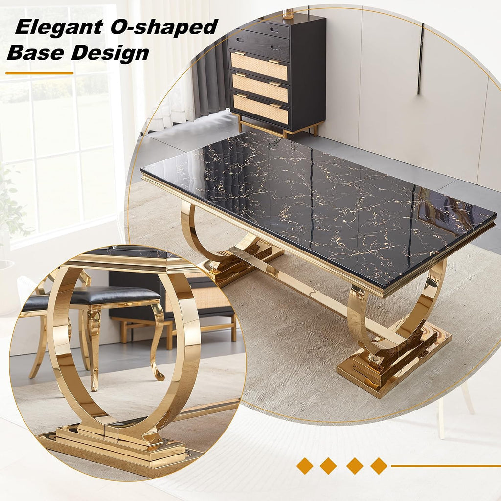 70" Marble Dining Table with Black Faux Marble Top and Gold O-Shape Stainless Steel Base, Modern Rectangular Kitchen Table for Living Room, Home Office, Easy to Clean