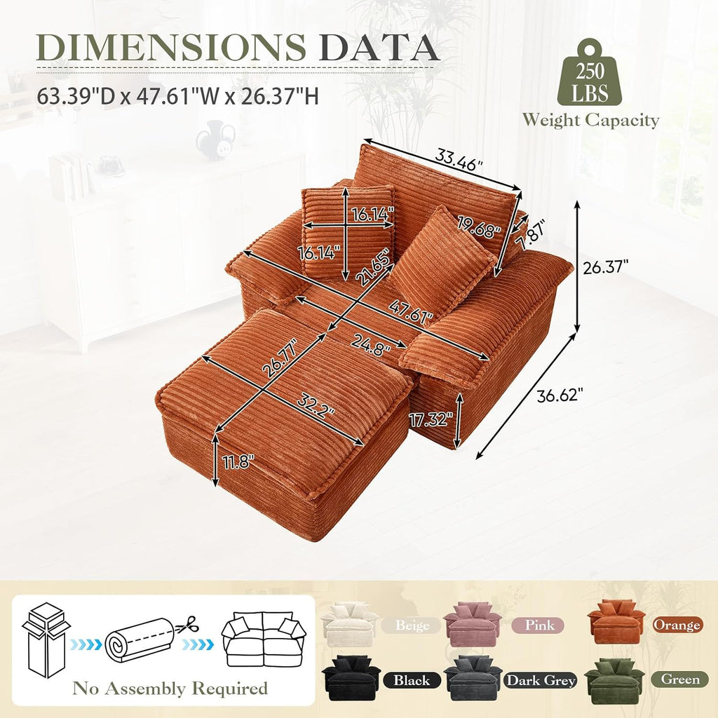 Oversized Chaise Lounge Chair Indoor with Ottoman, Upholstered Corduroy Modern Sofa Chair, Deep Seat Comfy Reading Armchair, Sleeper Sectional Couch for Living Room/Bedroom(47.6"W, Orange)